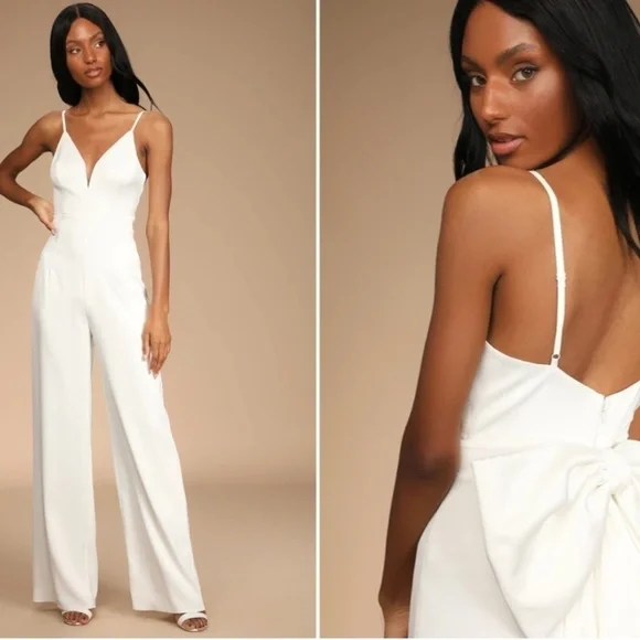 LULU's Wedding Bridal Shower Bachelorette Chic Satin Jumpsuit Pantsuit - Picture 3 of 4